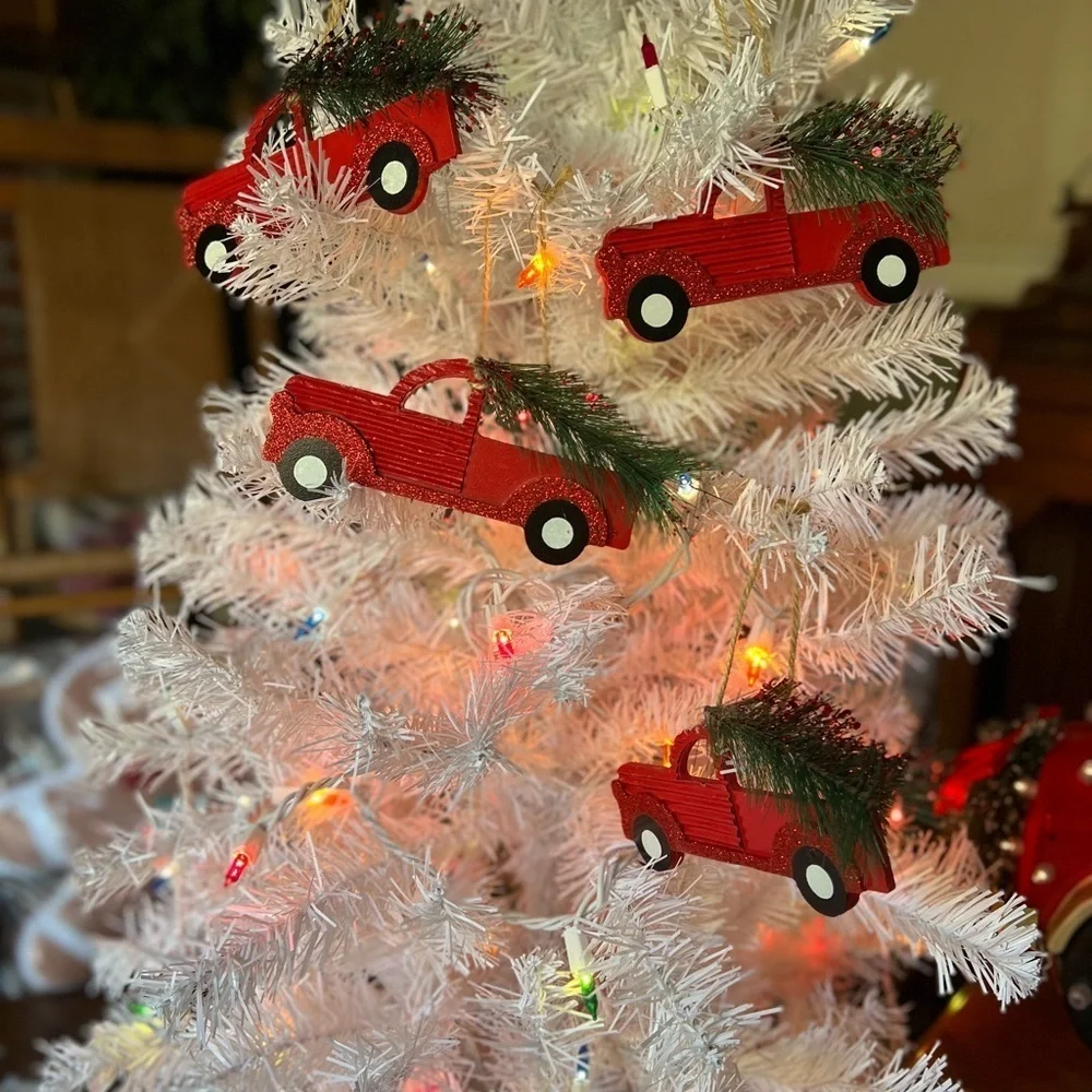 2x Christmas Red Truck Wooden Christmas Ornaments
